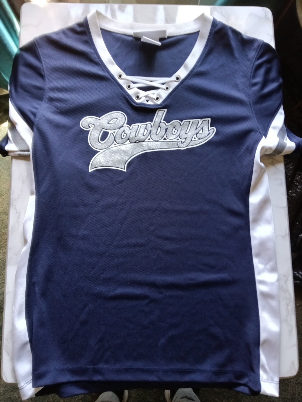 Navy Lace-Up V-Neck Cowboys Women's Jersey Top by